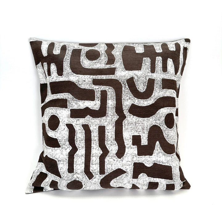 Brown and white abstract patterned pillow cover, square with bold shapes