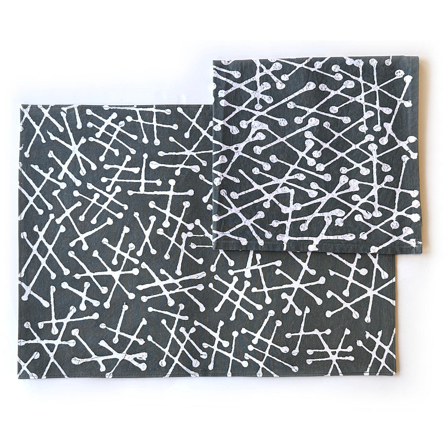 Set of 2 gray placemats with white geometric line pattern, stacked