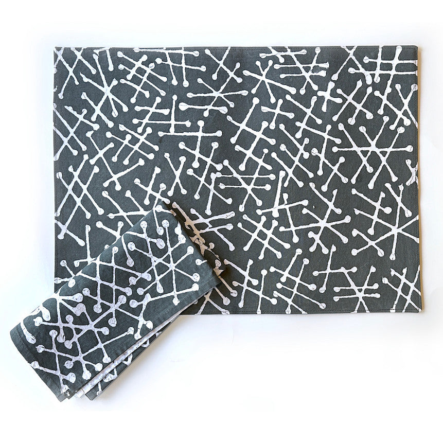 Set of 2 gray placemats with white geometric line pattern, stacked and folded