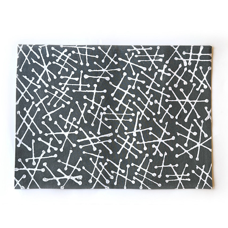 Gray placemat with white geometric line pattern, flat lay