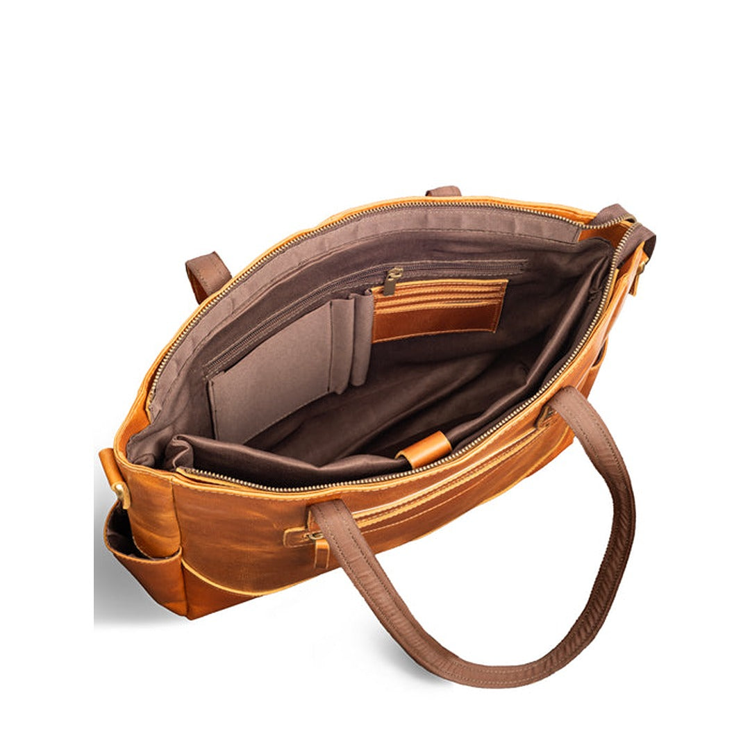 Tan leather tote bag open interior view with zip closure and inner compartments