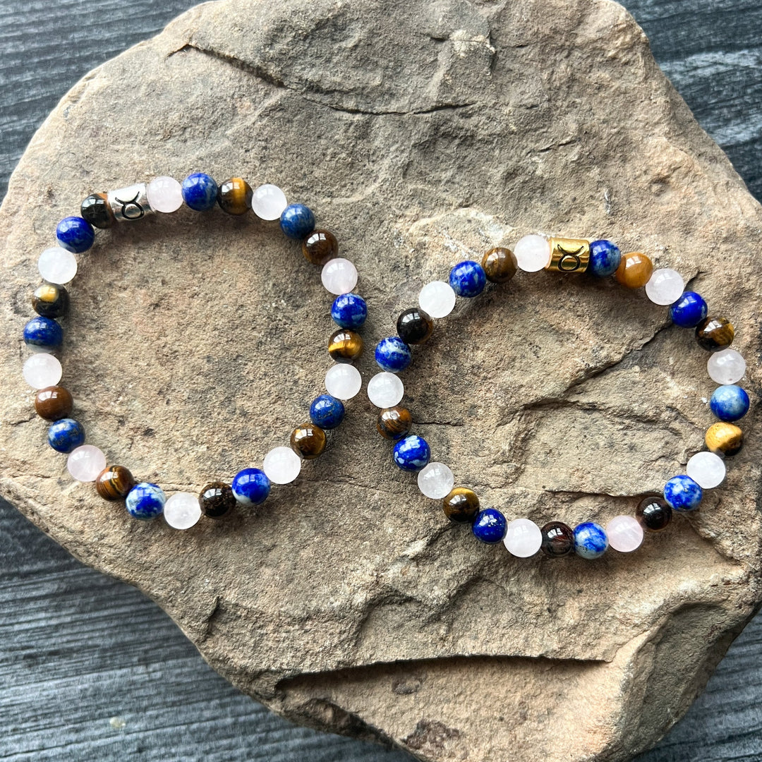Taurus zodiac bracelet with blue and white beads, brown accents, round clasp