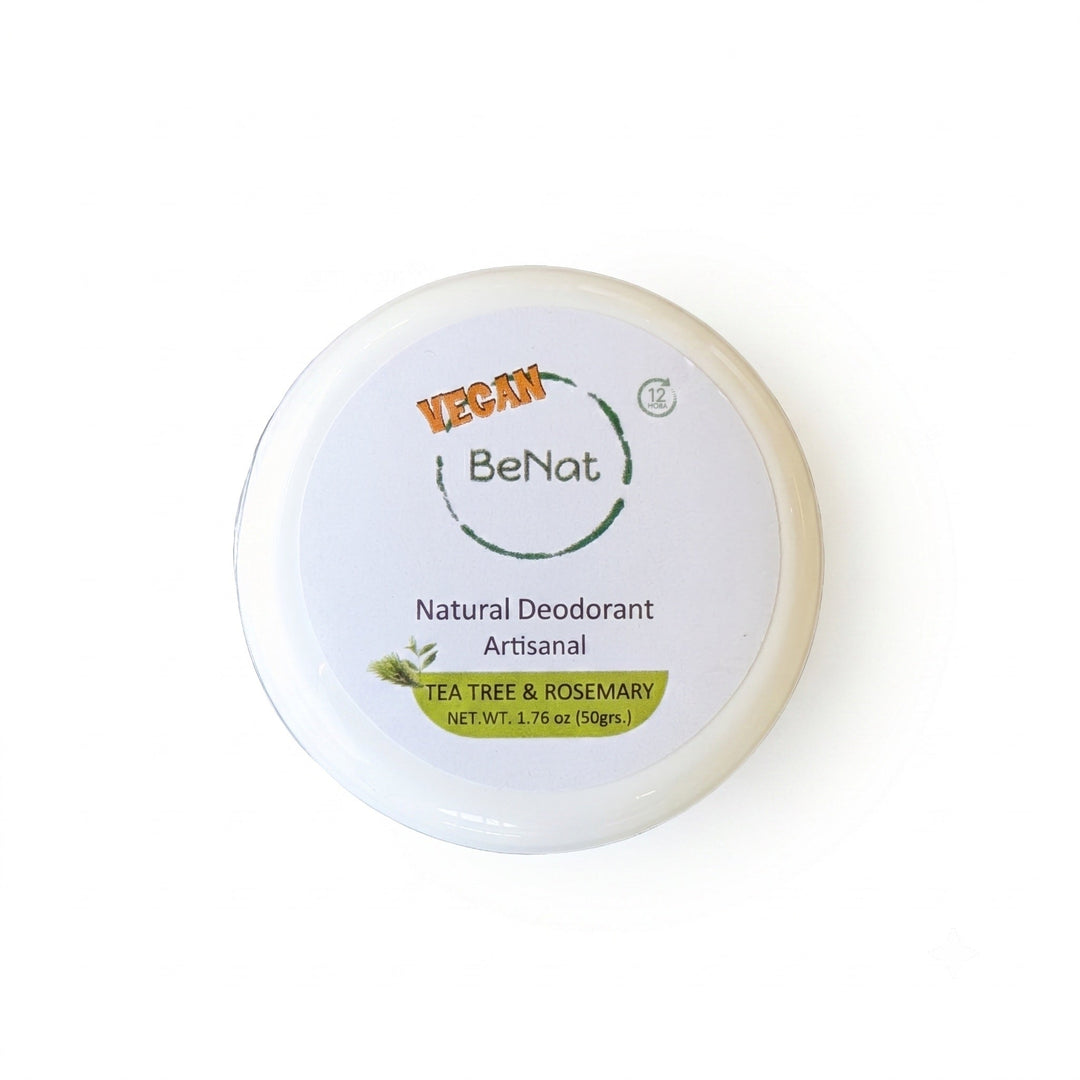 BeNat natural deodorant jar labeled Tea Tree & Rosemary, circular cream container