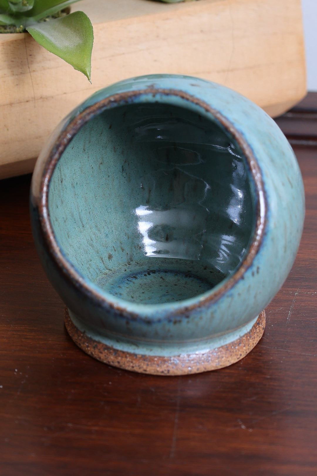 Handmade stoneware salt cellar, glossy teal interior with speckled exterior, open bowl