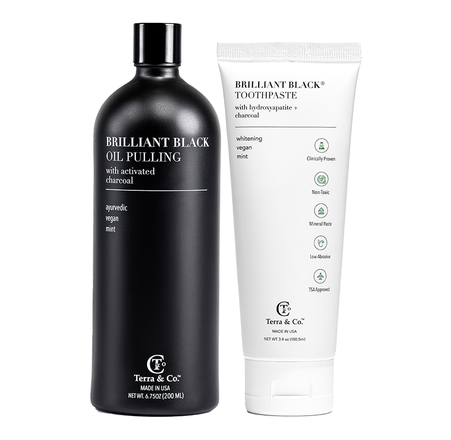 Brilliant Black oil pulling charcoal mouthwash bottle and whitening toothpaste tube