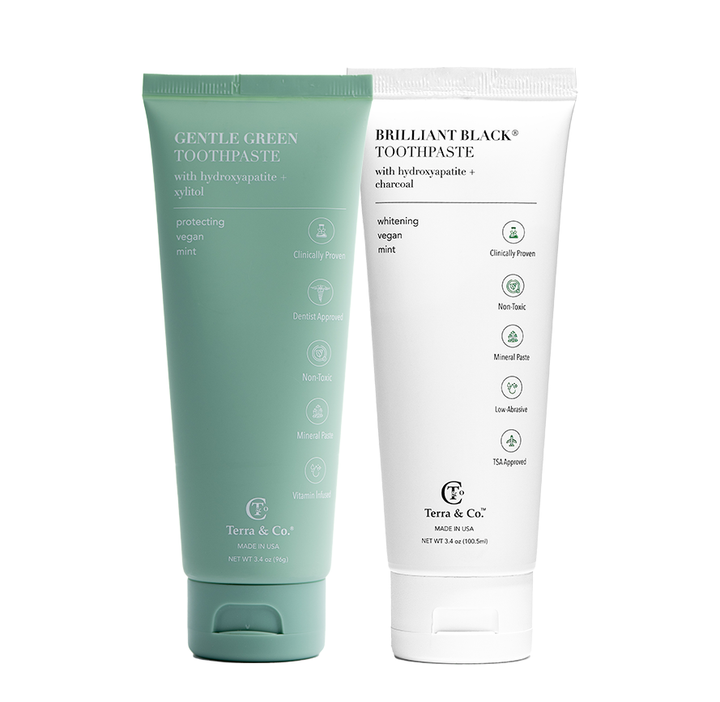Gentle Green hydroxyapatite toothpaste duo: green tube and Brilliant Black tube