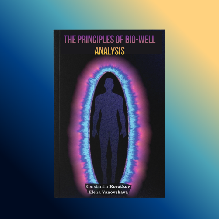 Bio-Well analysis book front cover, title at top and human silhouette with aura