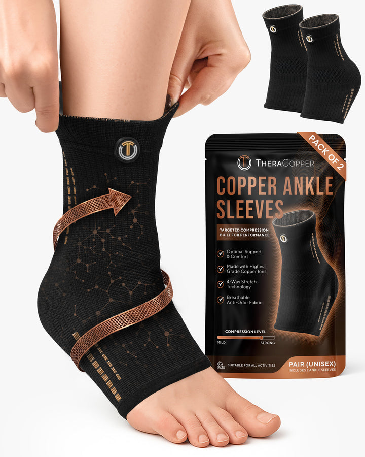 Black copper compression ankle sleeve with knit texture and orange stitch lines