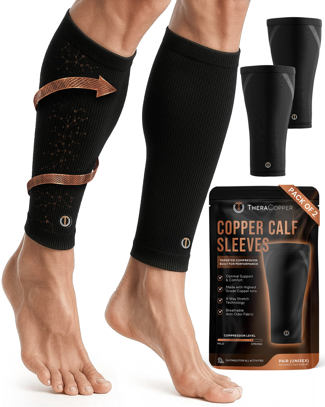 Black compression calf sleeves with ribbed knit and copper-toned trim