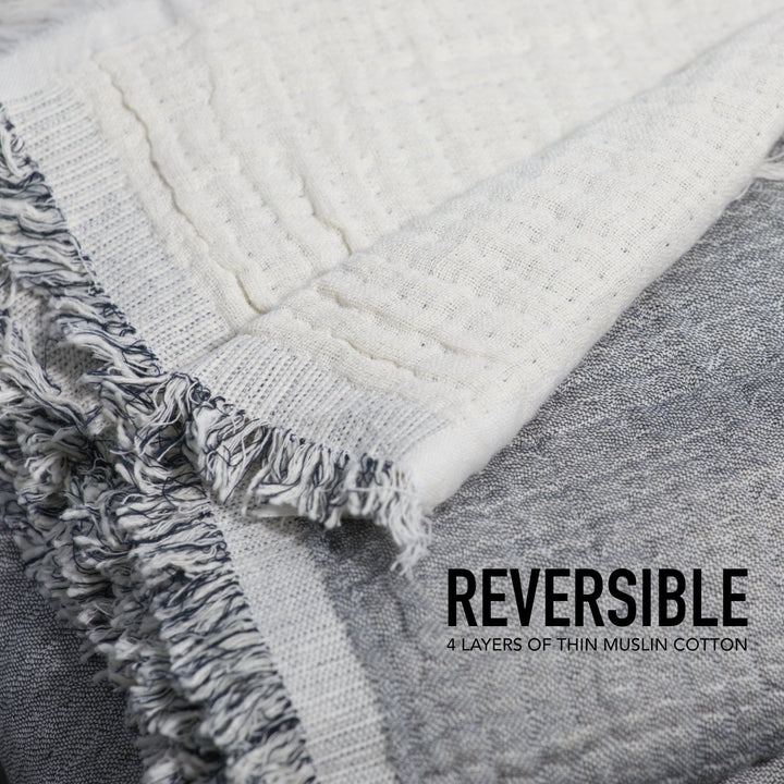 Reversible muslin throw blanket showing white side and grey side with fringed trim