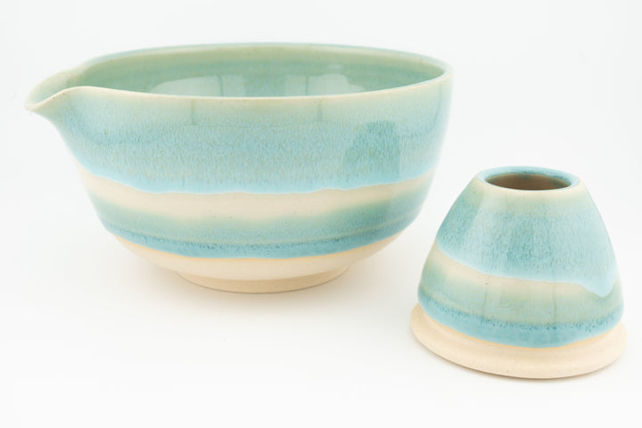Ceramic matcha bowl and whisk holder set, light teal glaze with flared rim