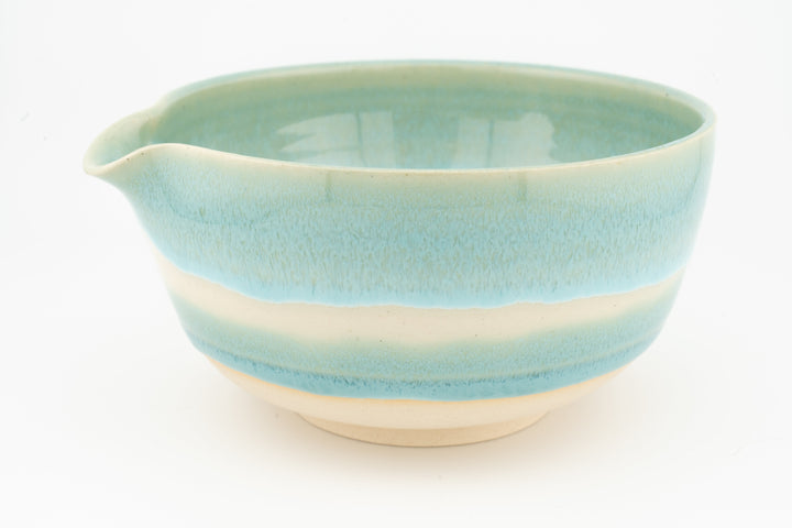 Ceramic bowl with optional spout, light teal/blue glaze, scalloped rim and spout