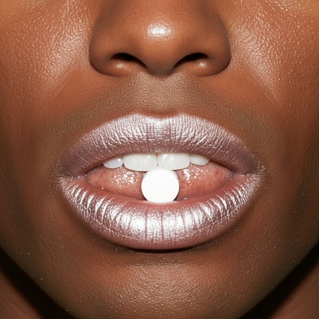 Close-up of mouth showing a white toothpaste tablet dissolving on teeth