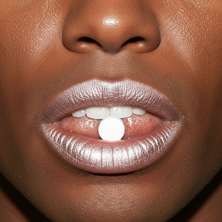 Close-up of mouth showing a white toothpaste tablet dissolving on teeth