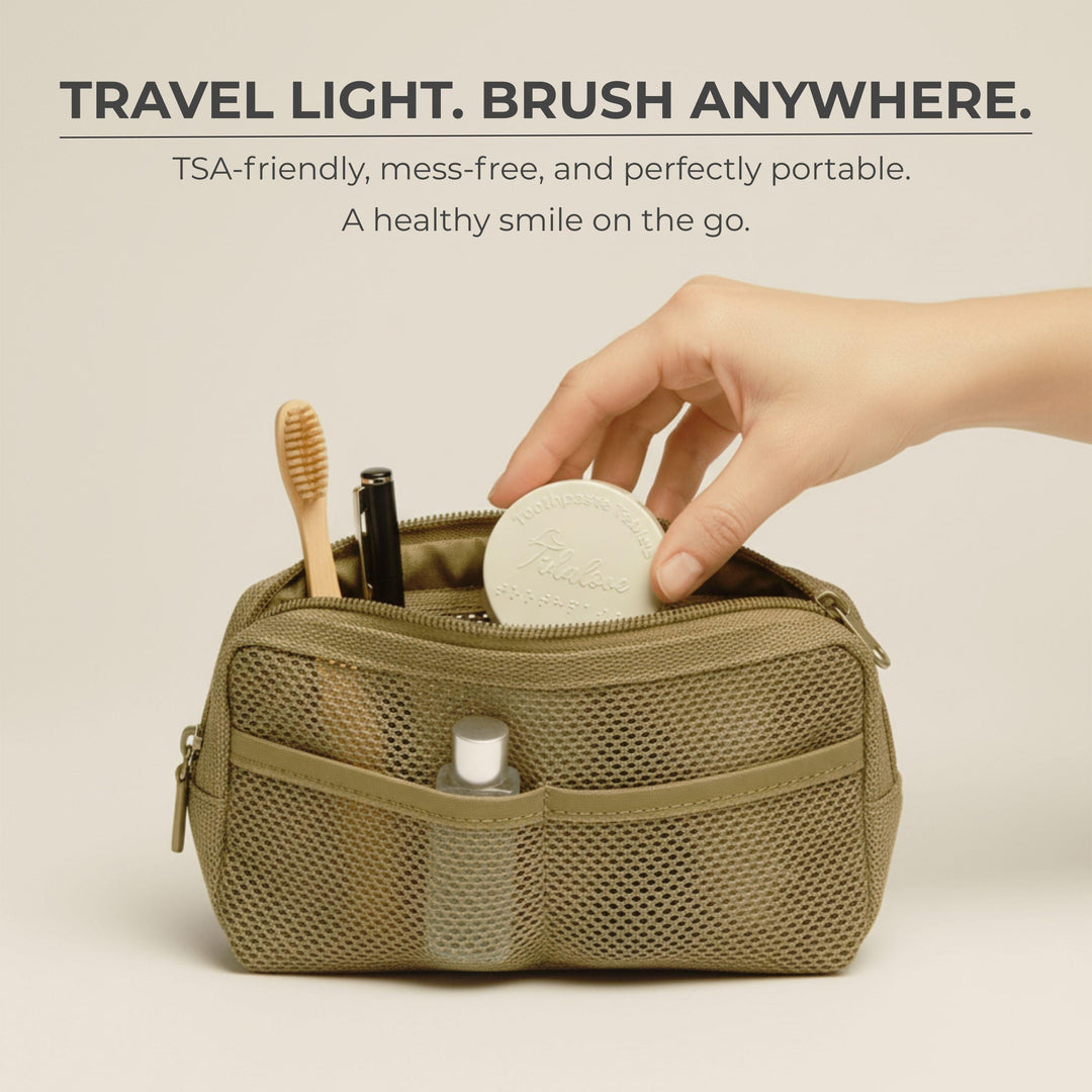 Travel pouch holding a tin of toothpaste tablets and a toothbrush