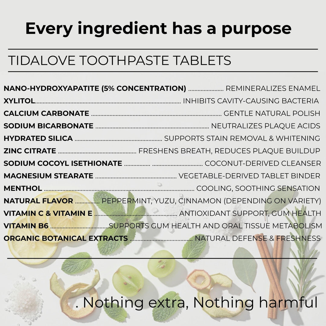 Toothpaste tablets ingredient list with green herb accents