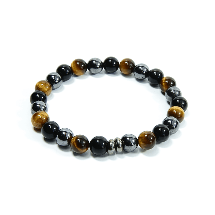 Tiger eye bead bracelet with glossy black beads and gold-brown tiger eye highlights.