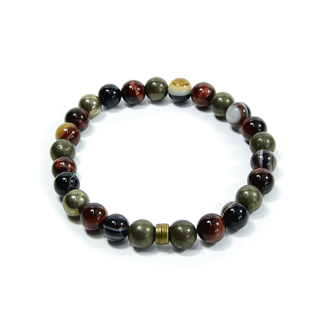 Tiger eye bead bracelet with green, black, and brown stones and round silver-tone spacers.