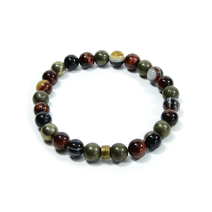 Tiger eye bead bracelet with green, black, and brown stones and round silver-tone spacers.