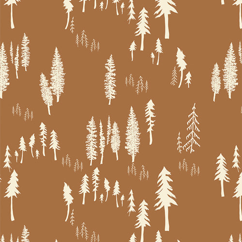 Bowl cover set fabric with pine tree pattern in tan and white.