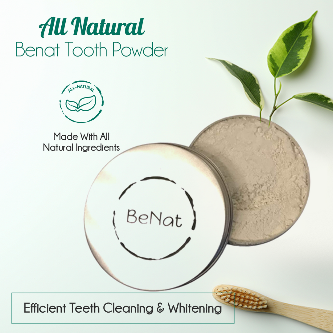 All-natural tooth powder jar with round lid, beige powder, and green leaves