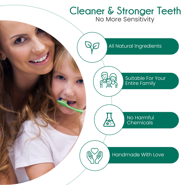 Toothbrushing with green toothbrush; family-friendly and gentle ingredient icons