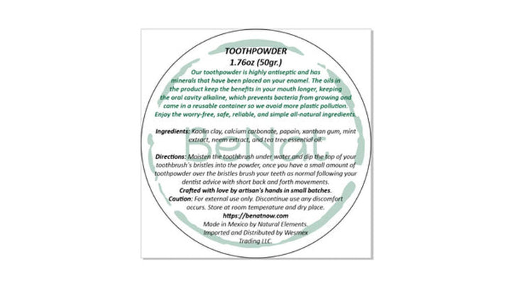 Tooth powder label card with ingredients, usage directions, and warnings