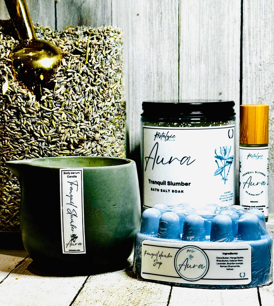 Tranquil Slumber bath salt soak jar with blue bath cubes and dark green bowl