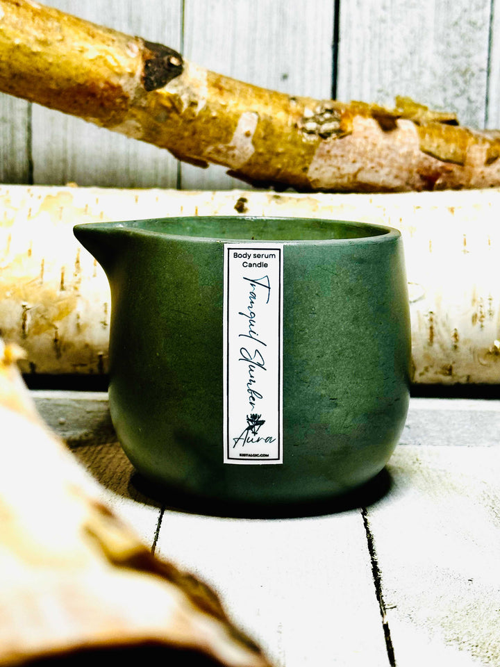 Tranquil Slumber body care product in green ceramic bowl with white label