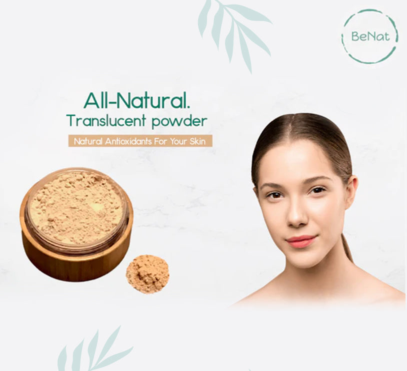 Translucent setting powder container with loose powder on display, brand BeNat