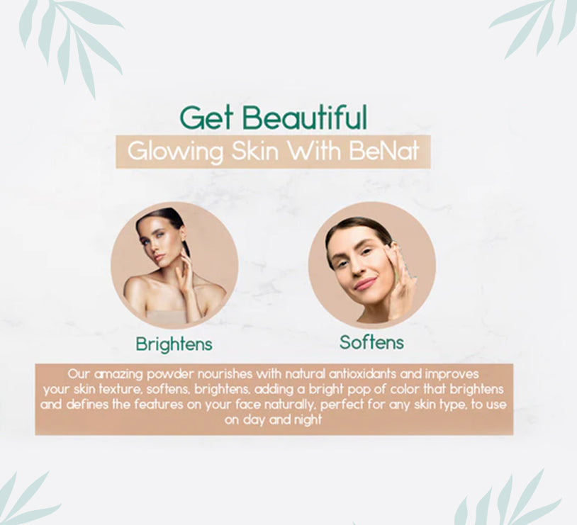 BeNat translucent setting powder promotional card with glow-skin styling