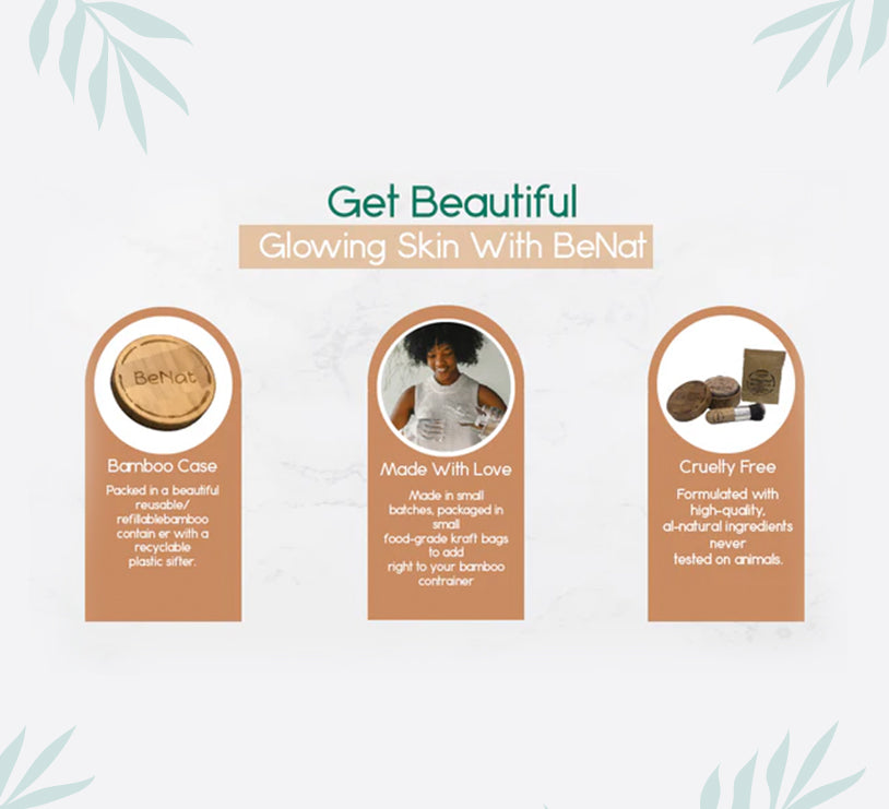 BeNat translucent setting powder bamboo case and refill packaging icons