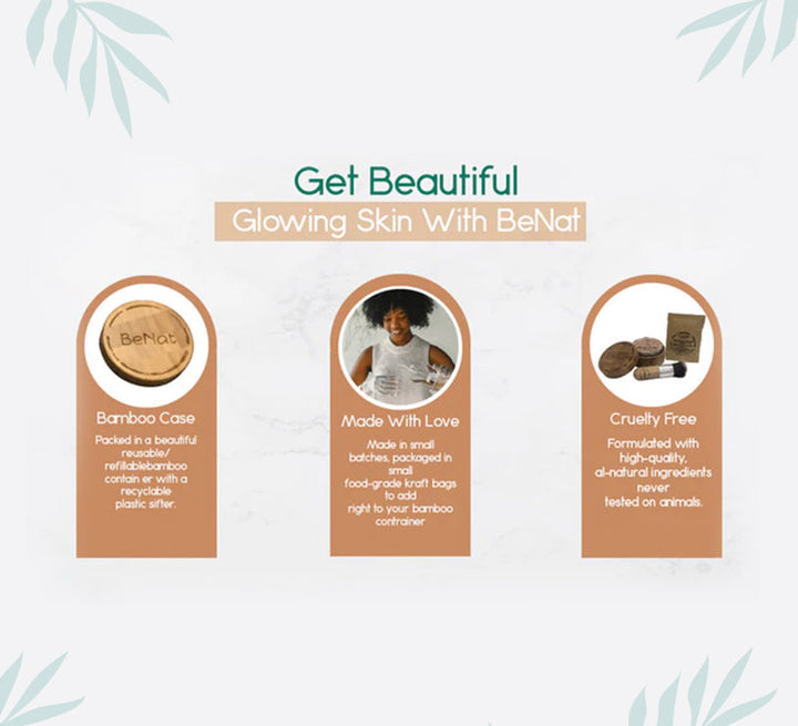 BeNat translucent setting powder bamboo case and refill packaging icons