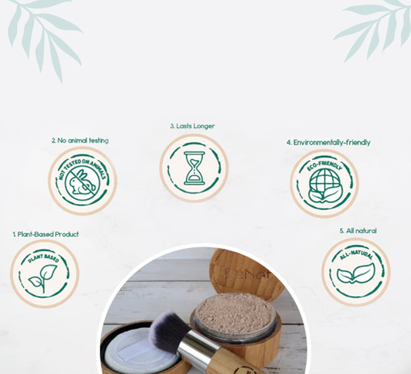 Translucent loose powder with makeup brush and open jar in bamboo-style container
