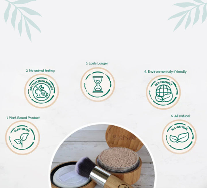 Translucent loose powder with makeup brush and open jar in bamboo-style container