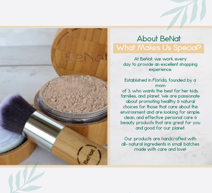 Translucent loose powder with large brush beside open compact jar and bamboo case