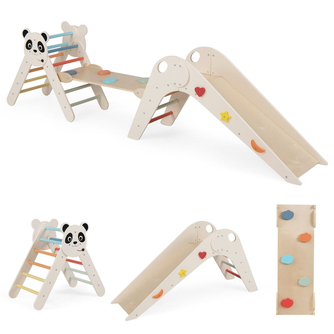 Foldable wooden kids climbing set with panda face, slide and steps, colored inlays
