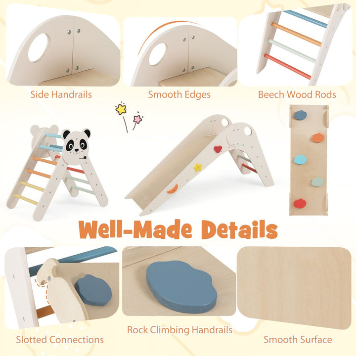 Wooden panda climbing triangle with side handrails, smooth edges, and colored panels