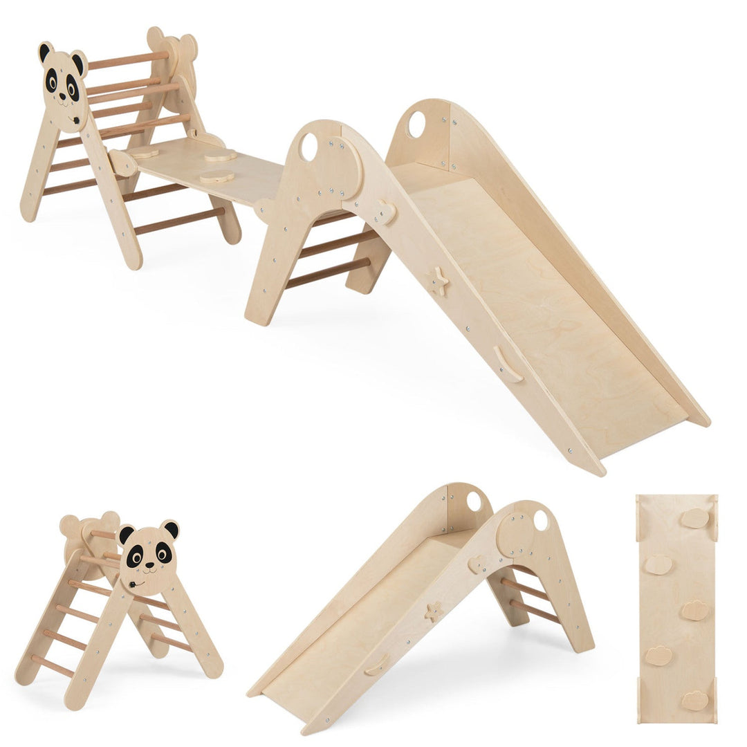 Natural wood Montessori climbing set with panda decals on triangles and step bars