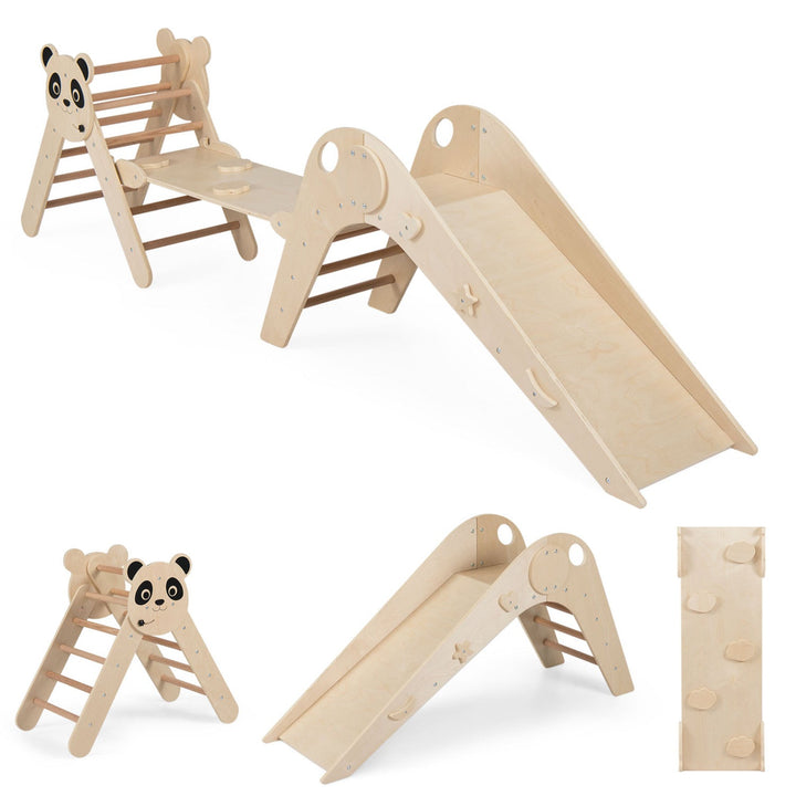 Natural wood Montessori climbing set with panda decals on triangles and step bars
