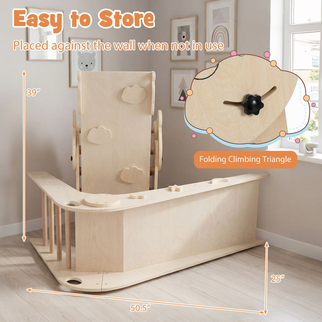 Folding kids climbing triangle set with panda panel, compact storage against wall