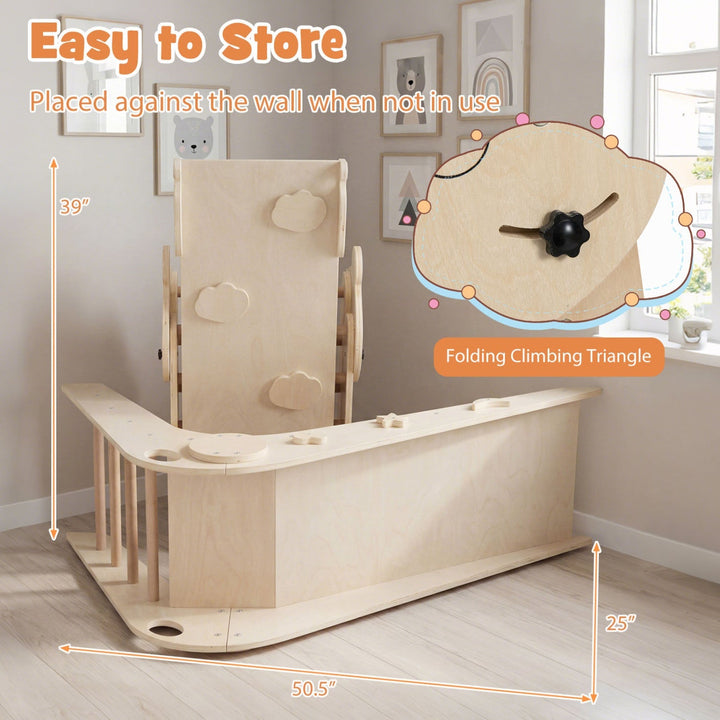 Folding kids climbing triangle set with panda panel, compact storage against wall