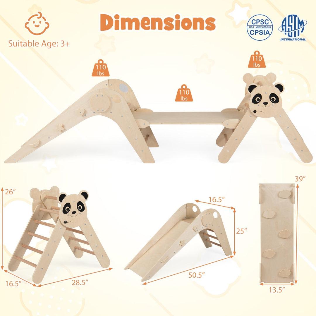 Diagram of wooden foldable climbing set dimensions and configurations with panda face