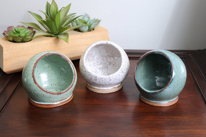Handmade stoneware salt cellar, teal speckled with white rim, round open top