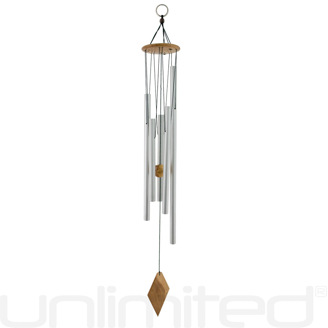 Metal wind chime with hanging wooden arrow-style piece and vertical silver tubes