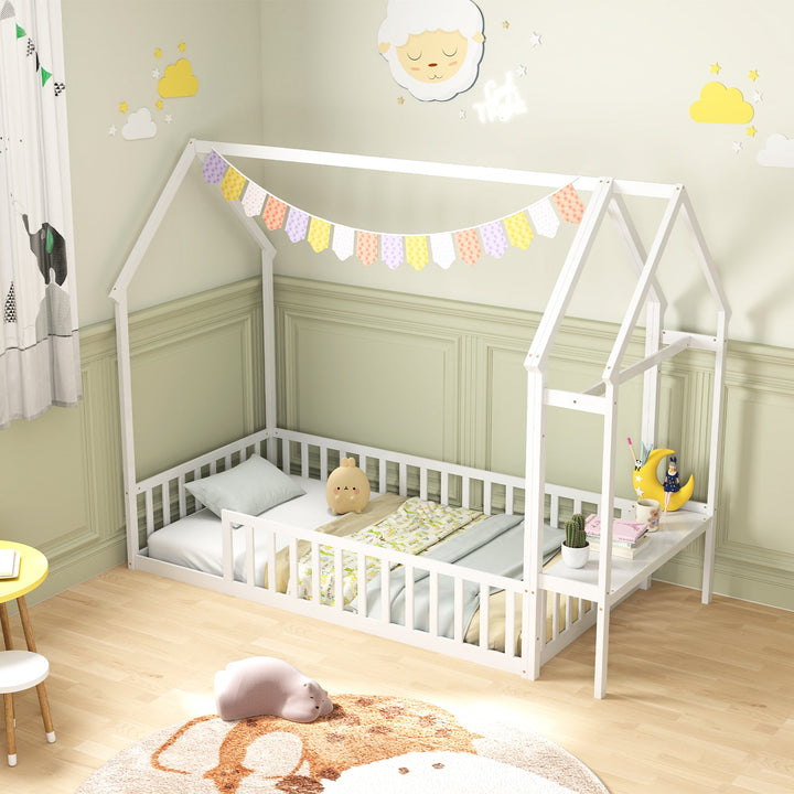 White twin house-style low floor bed frame with roof canopy and side storage shelf