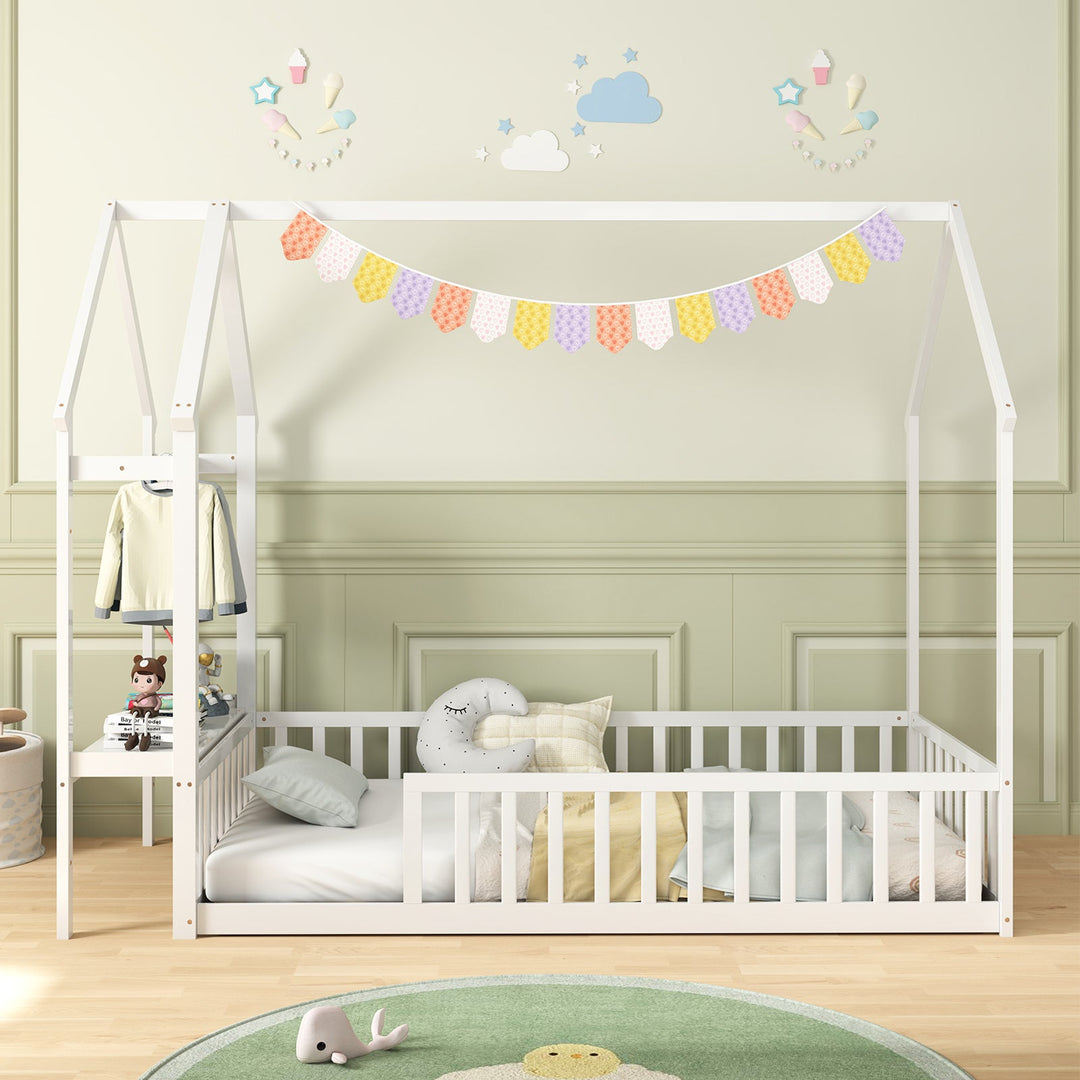 White twin house-style low floor bed frame with roof canopy and open front guardrails