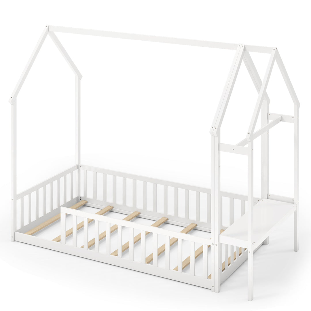 White house-style low floor bed frame with roof panels and front guardrail slats