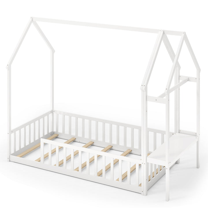 White house-style low floor bed frame with roof panels and front guardrail slats