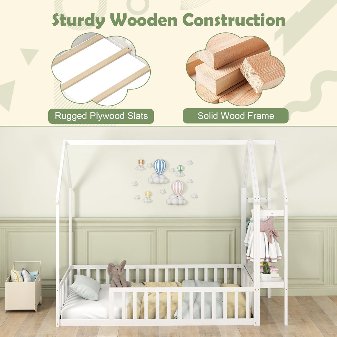 White house-style low floor bed frame with front rail slats and side storage shelf